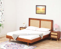 Boston Solid Wood Rattan Cane Queen Size Bed Furniselan Brown-Finish