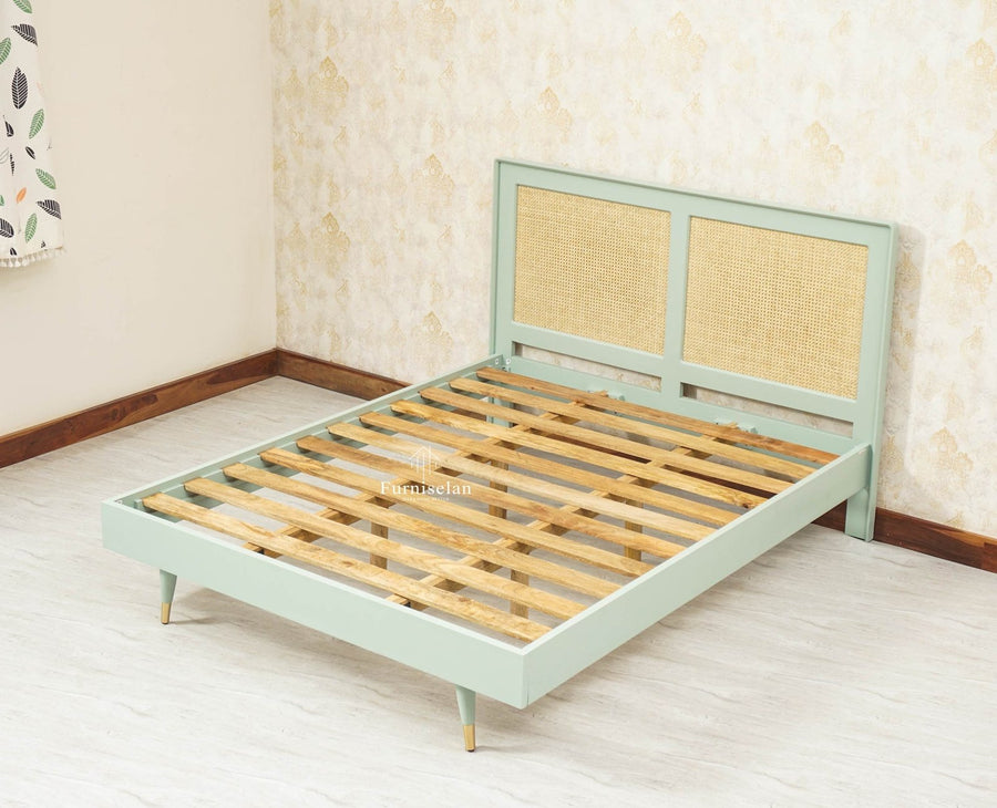 Boston Solid Wood Rattan Cane Queen Size Bed - Queen Size Bed - Furniselan Silt-Green 