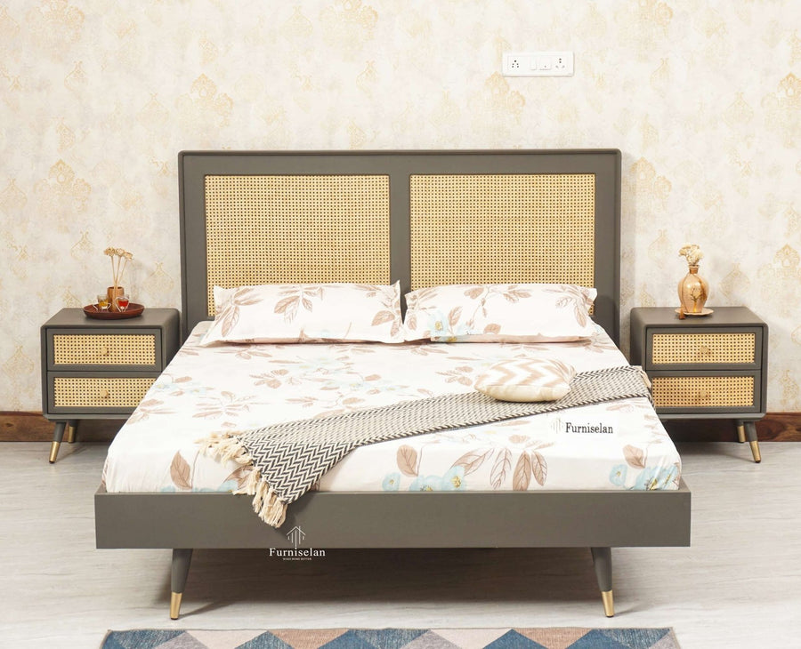 Boston Solid Wood Rattan Cane Queen Size Bed - Queen Size Bed - Furniselan Slate-Grey 