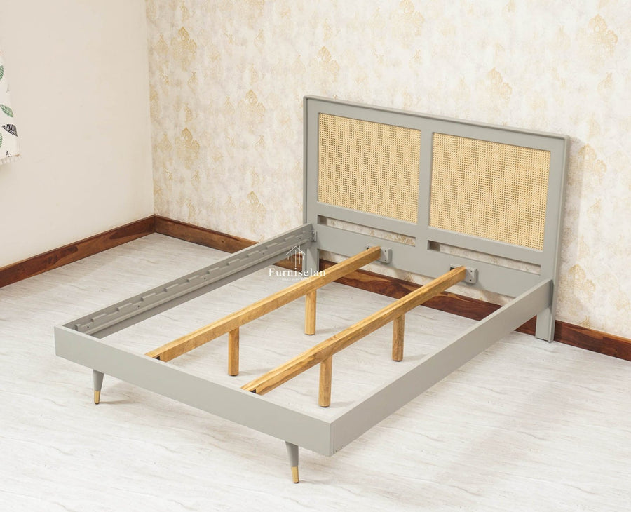 Boston Solid Wood Rattan Cane Queen Size Bed - Queen Size Bed - Furniselan Cool-Grey