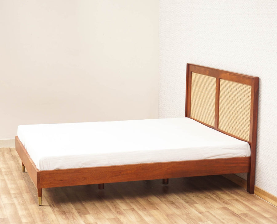 Boston Solid Wood Rattan Cane Queen Size Bed Furniselan Brown-Finish