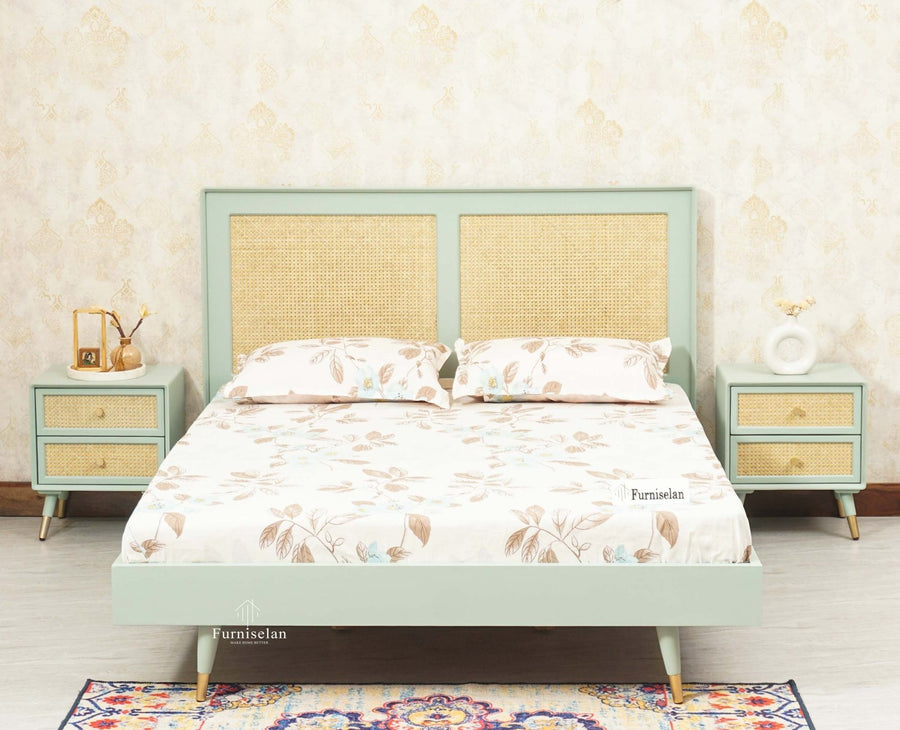 Boston Solid Wood Rattan Cane Queen Size Bed - Queen Size Bed - Furniselan Silt-Green 
