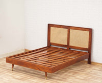 Boston Solid Wood Rattan Cane Queen Size Bed Furniselan Brown-Finish