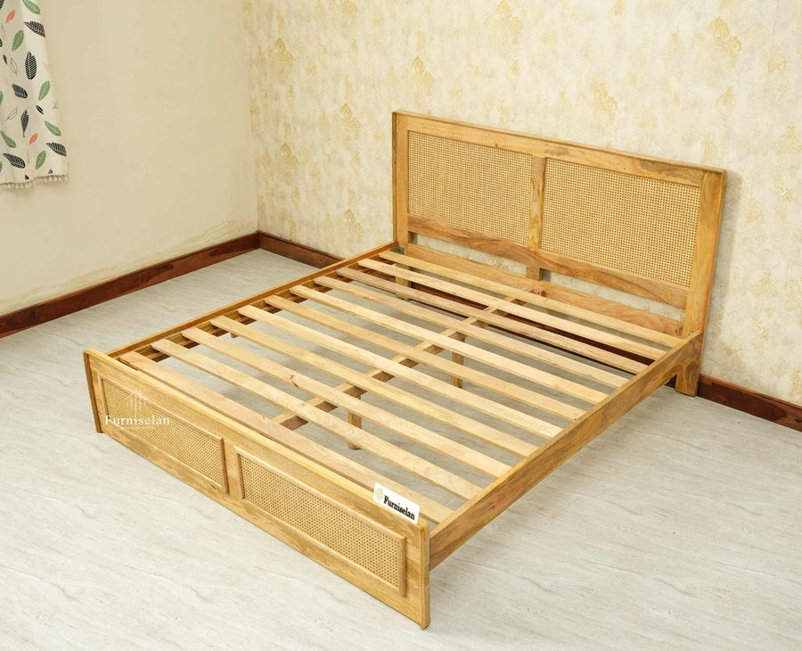 Boston Solid Wood Rattan Cane Queen Size Bed Furniselan natural finish
