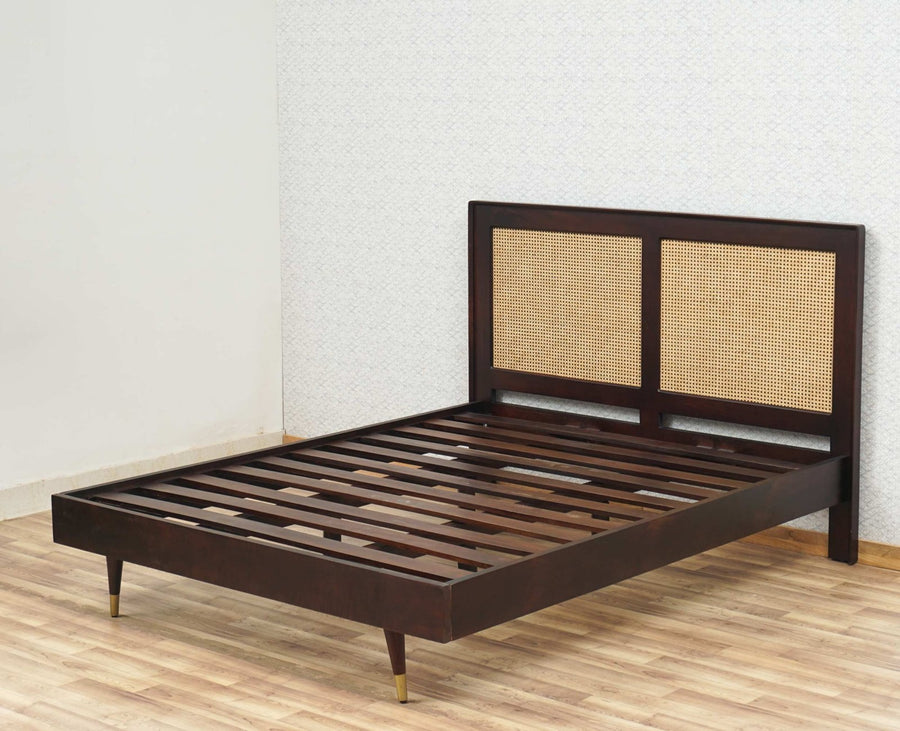 Boston Solid Wood Rattan Cane Queen Size Bed Furniselan Grey-Finish