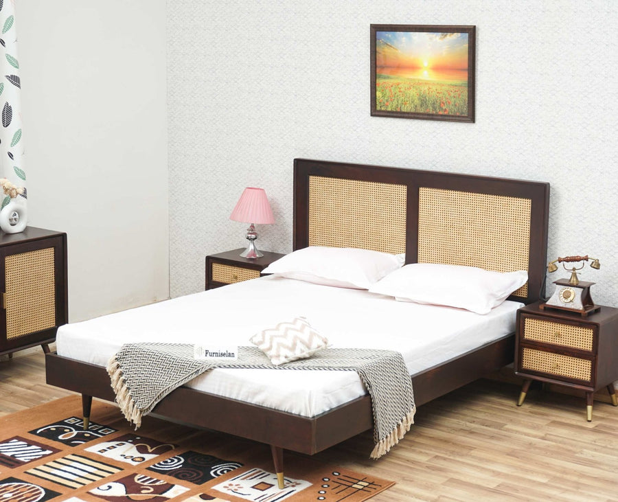 Boston Solid Wood Rattan Cane Queen Size Bed Furniselan Grey-Finish
