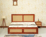 Boston Solid Wood Rattan Cane Queen Size Bed Furniselan brown finish
