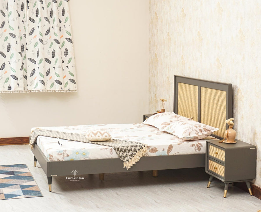 Boston Solid Wood Rattan Cane Queen Size Bed - Queen Size Bed - Furniselan Slate-Grey 