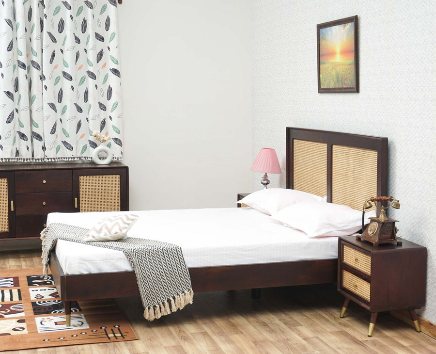 Boston Solid Wood Rattan Cane Queen Size Bed Furniselan Grey-Finish