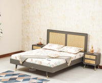 Boston Solid Wood Rattan Cane Queen Size Bed - Queen Size Bed - Furniselan Slate-Grey 