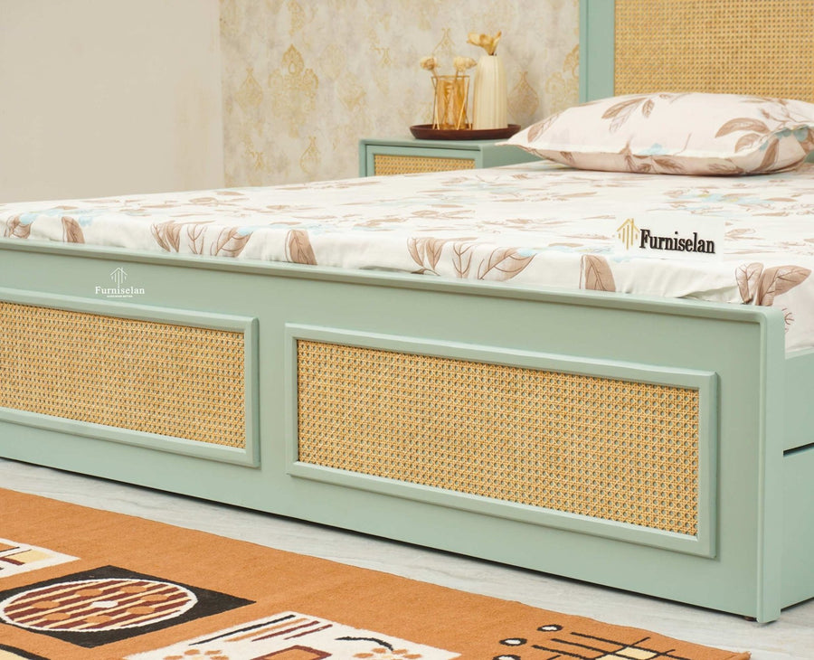 Boston Solid Wood Rattan Cane Queen Size Bed With Storage Drawers - Queen Size Bed - Furniselan Silt-Green