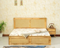 Boston Solid Wood Rattan Cane Queen Size Bed With Storage Drawers Furniselan natural finish