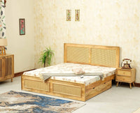 Boston Solid Wood Rattan Cane Queen Size Bed With Storage Drawers Furniselan natural finish