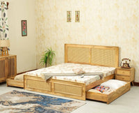 Boston Solid Wood Rattan Cane Queen Size Bed With Storage Drawers Furniselan natural finish