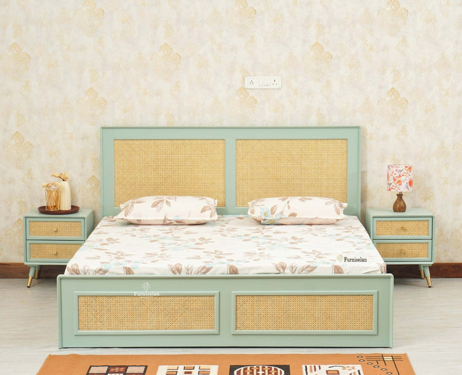 Boston Solid Wood Rattan Cane Queen Size Bed With Storage Drawers - Queen Size Bed - Furniselan Silt-Green