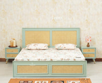 Boston Solid Wood Rattan Cane Queen Size Bed With Storage Drawers - Queen Size Bed - Furniselan Silt-Green