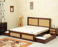 Boston Solid Wood Rattan Cane Queen Size Bed With Storage Drawers Furniselan grey finish