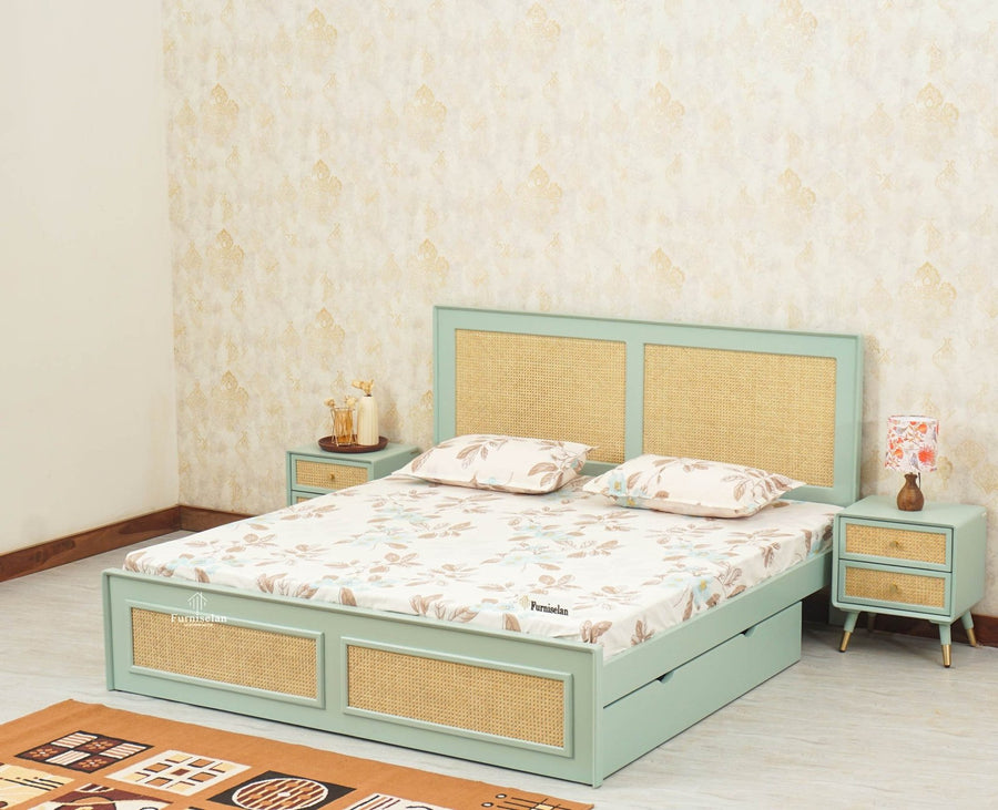 Boston Solid Wood Rattan Cane Queen Size Bed With Storage Drawers - Queen Size Bed - Furniselan Silt-Green