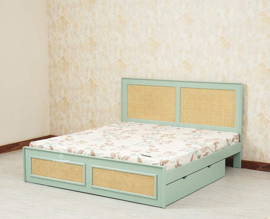 Boston Solid Wood Rattan Cane Queen Size Bed With Storage Drawers - Queen Size Bed - Furniselan Silt-Green