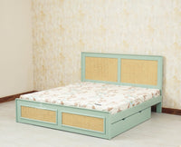 Boston Solid Wood Rattan Cane Queen Size Bed With Storage Drawers - Queen Size Bed - Furniselan Silt-Green
