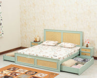 Boston Solid Wood Rattan Cane Queen Size Bed With Storage Drawers - Queen Size Bed - Furniselan Silt-Green