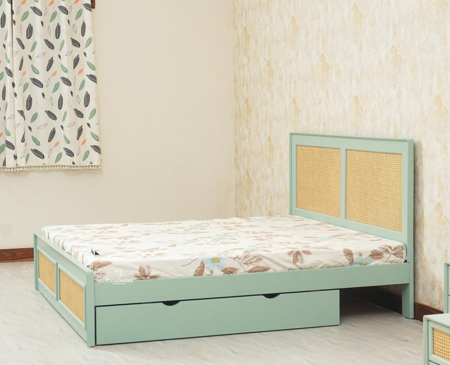 Boston Solid Wood Rattan Cane Queen Size Bed With Storage Drawers - Queen Size Bed - Furniselan Silt-Green