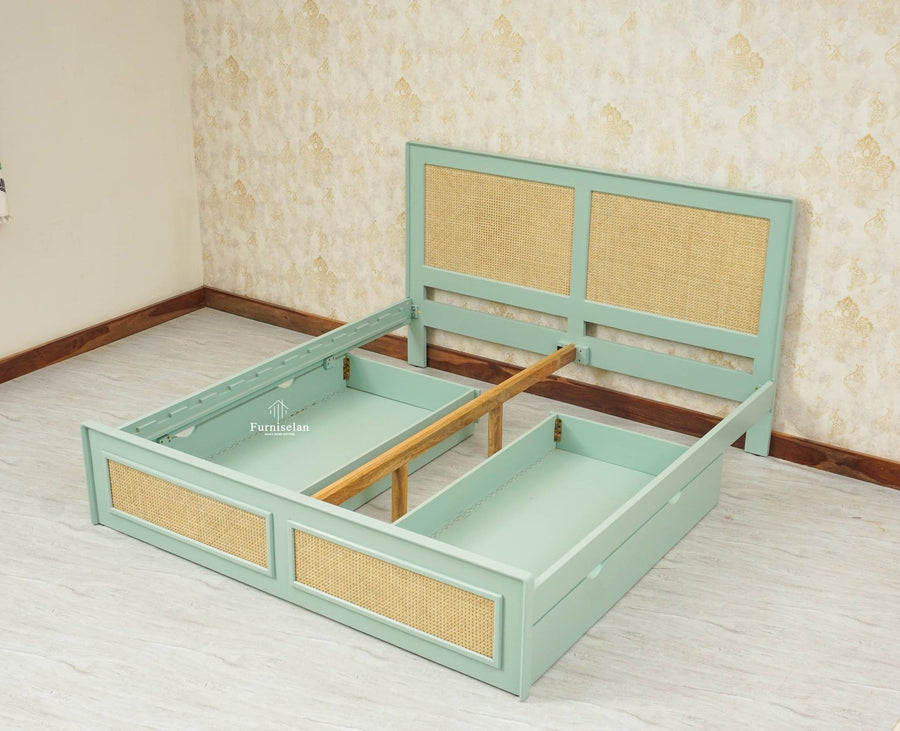 Boston Solid Wood Rattan Cane Queen Size Bed With Storage Drawers - Queen Size Bed - Furniselan Silt-Green