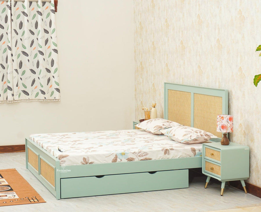 Boston Solid Wood Rattan Cane Queen Size Bed With Storage Drawers - Queen Size Bed - Furniselan Silt-Green