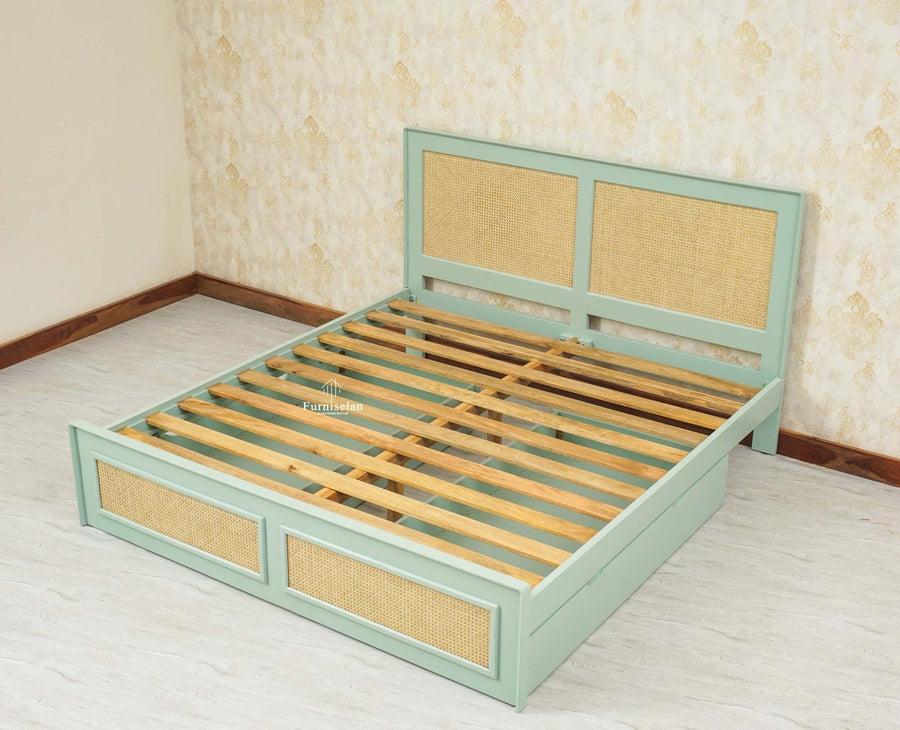 Boston Solid Wood Rattan Cane Queen Size Bed With Storage Drawers - Queen Size Bed - Furniselan Silt-Green