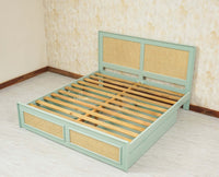 Boston Solid Wood Rattan Cane Queen Size Bed With Storage Drawers - Queen Size Bed - Furniselan Silt-Green