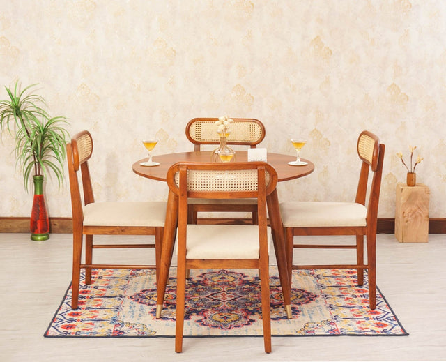 Boston Solid Wood Rattan Cane Round Dining Table Four Seater Set - Dining Set - Furniselan Brown-Finish
