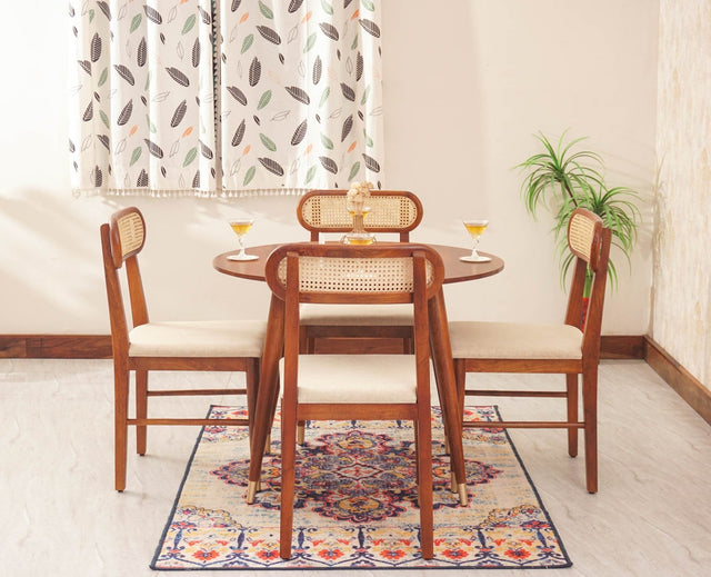 Boston Solid Wood Rattan Cane Round Dining Table Four Seater Set - Dining Set - Furniselan Brown-Finish