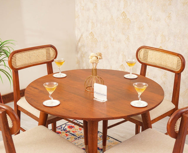 Boston Solid Wood Rattan Cane Round Dining Table Four Seater Set - Dining Set - Furniselan Brown-Finish