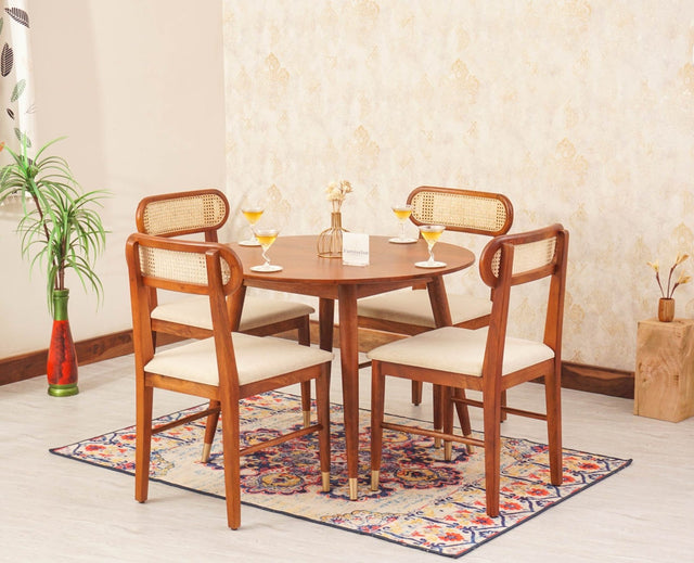 Boston Solid Wood Rattan Cane Round Dining Table Four Seater Set - Dining Set - Furniselan Brown-Finish