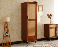 Boston Solid Wood Rattan Cane Single Door Wardrobe - Wardrobes & Cabinets - Furniselan--brown Finish