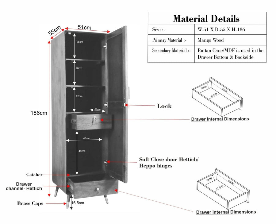 Boston Solid Wood Rattan Cane Single Door Wardrobe - Wardrobes & Cabinets - Furniselan-Natural Finish