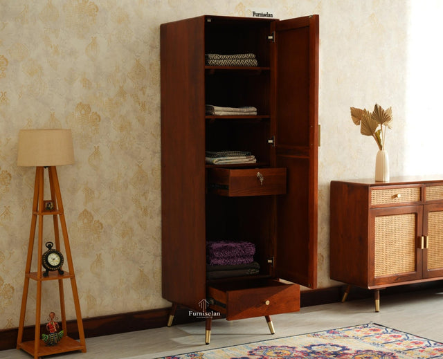 Boston Solid Wood Rattan Cane Single Door Wardrobe - Wardrobes & Cabinets - Furniselan--brown Finish
