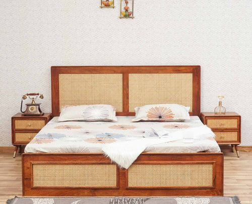 Boston Solid Wood Rattan Cane Storage Box Queen Size Bed Furniselan