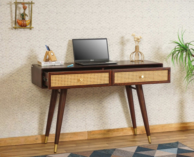 Boston Solid Wood Rattan Cane Study Laptop Table with Two Drawer  Furniselan Grey-Finish