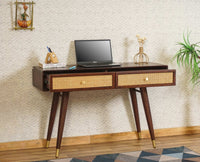 Boston Solid Wood Rattan Cane Study Laptop Table with Two Drawer  Furniselan Grey-Finish