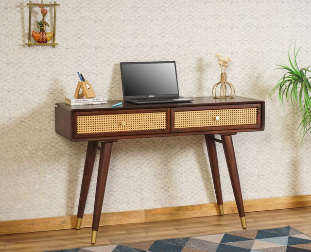 Boston Solid Wood Rattan Cane Study Laptop Table with Two Drawer  Furniselan Grey-Finish