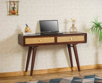 Boston Solid Wood Rattan Cane Study Laptop Table with Two Drawer  Furniselan Grey-Finish