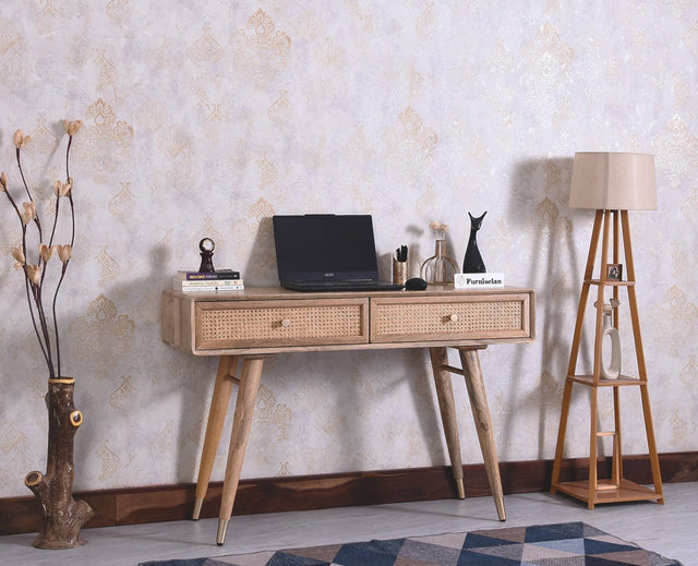 Boston Solid Wood Rattan Cane Study Laptop Table with Two Drawer - Study Table - Furniselan- Natural Finish