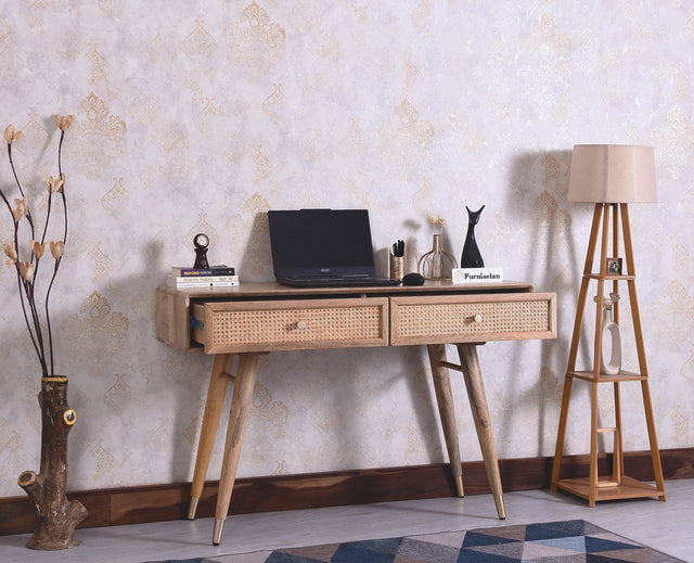 Boston Solid Wood Rattan Cane Study Laptop Table with Two Drawer - Study Table - Furniselan- Natural Finish