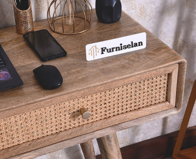 Boston Solid Wood Rattan Cane Study Laptop Table with Two Drawer - Study Table - Furniselan- Natural Finish