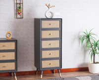 Boston Solid Wood Rattan Cane Tall Chest of Drawer Five Drawer - Chest of Drawer - Furniselan Slate-Grey