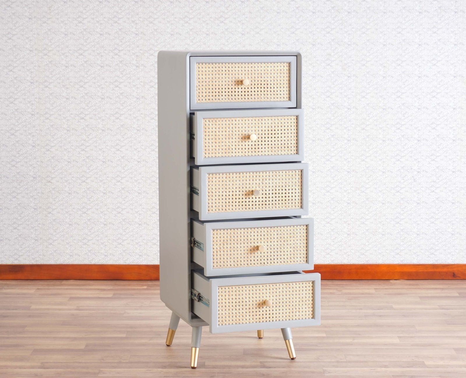 Chanon Drawer Boston Solid Wood Rattan Cane Chest of Drawer Five Drawer
