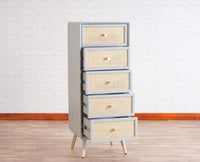 Boston Solid Wood Rattan Cane Tall Chest of Drawer Five Drawer - Chest of Drawer - Furniselan Cool-Grey