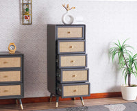 Boston Solid Wood Rattan Cane Tall Chest of Drawer Five Drawer - Chest of Drawer - Furniselan Slate-Grey