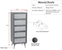 Boston Solid Wood Rattan Cane Tall Chest of Drawer Five Drawer - Chest of Drawer - Furniselan Cool-Grey